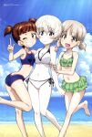  3girls :d abe_munetaka absurdres aki_(girls_und_panzer) arm_at_side arm_grab ass bangs barefoot beach bikini blue_bikini blue_sky blunt_bangs blush breasts brown_hair cleavage cloud collarbone day feet flat_chest girls_und_panzer green_bikini grin hair_between_eyes hand_on_another&#039;s_shoulder highres horizon index_finger_raised light_brown_hair looking_at_viewer medium_breasts megami_magazine mikko_(girls_und_panzer) multiple_girls navel ocean official_art open_mouth outdoors parted_lips short_hair sky small_breasts smile standing standing_on_one_leg stomach sunlight swimsuit teeth toes twisted_torso white_bikini white_hair youko_(girls_und_panzer) 