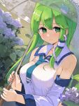  1girl bare_shoulders blush breasts closed_mouth detached_sleeves flower frog_hair_ornament green_eyes green_hair hair_between_eyes hair_ornament highres holding holding_umbrella japanese_clothes kochiya_sanae large_breasts long_hair nontraditional_miko purple_flower puuakachan revision smile snake_hair_ornament solo touhou transparent transparent_umbrella umbrella upper_body wet wet_clothes white_sleeves wide_sleeves 