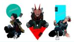  3boys 72mob bakugou_katsuki barcode black_bodysuit black_mask blonde_hair blue_bodysuit blue_eyes bodysuit boku_no_hero_academia boots burn_scar cape clenched_hand copyright_name english_text eye_mask freckles gloves green_bodysuit green_eyes green_gloves green_hair grin hand_on_ground heterochromia highres knee_pads looking_at_viewer male_focus midoriya_izuku multicolored_hair multiple_boys red_eyes red_hair scar scar_on_face short_hair simple_background smile spiked_hair split-color_hair squatting teeth todoroki_shouto torn_cape torn_clothes two-tone_hair white_background white_footwear white_gloves white_hair yellow_cape 