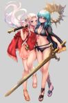  2girls absurdres ankle_ribbon asada_sadao asymmetrical_footwear axe aymr_(fire_emblem) belt bikini black_bikini black_swimsuit blue_eyes blue_hair breasts byleth_(fire_emblem) byleth_(fire_emblem)_(female) byleth_(summer)_(fire_emblem)_(female) cape capelet cleavage covered_navel dagger edelgard_von_hresvelg fire_emblem fire_emblem:_three_houses fire_emblem_heroes flower grey_background grey_hair hair_flower hair_ornament hair_ribbon halterneck hibiscus highres holding holding_axe holding_sword holding_weapon jewelry knife large_breasts leg_ribbon long_hair medium_breasts medium_hair multiple_girls navel necklace official_art one-piece_swimsuit pendant plumeria red_cape red_swimsuit ribbon sandals shiny shiny_hair simple_background swimsuit sword sword_of_the_creator tassel weapon 