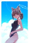  1girl animal_ear_fluff animal_ears bangs black_swimsuit blue_archive blue_eyes blue_sky breasts cloud competition_swimsuit cowboy_shot cross_hair_ornament extra_ears grey_hair hair_ornament halo highres medium_hair mismatched_pupils multicolored_clothes multicolored_swimsuit one-piece_swimsuit shiroko_(blue_archive) shiroko_(swimsuit)_(blue_archive) sky small_breasts solo swimsuit yoru_nai 