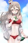  1girl bikini blue_sky bottle breasts brown_eyes cloud commentary_request cowboy_shot drink drinking_straw grey_hair hat highres jacket kantai_collection long_hair looking_at_viewer medium_breasts mini_hat pola_(kancolle) red_bikini sky solo standing swimsuit thick_eyebrows tilted_headwear toriniku_senshi_chikinman wavy_hair white_jacket wine_bottle 