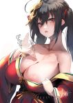  1girl azur_lane bare_shoulders black_hair breasts cleavage clothes_pull dress fanning_self huge_breasts long_hair looking_at_viewer mask mask_on_head nipple_slip nipples red_dress red_eyes shirt_pull standing taihou_(azur_lane) twintails usuki_(graygreed) watermark white_background 