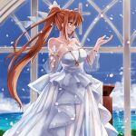  1girl bare_shoulders breasts bride commentary day dress large_breasts long_hair lyrical_nanoha mahou_shoujo_lyrical_nanoha_strikers open_mouth orange_hair petals ponytail purple_eyes solo sougetsu_izuki takamachi_nanoha very_long_hair water wedding_dress white_dress 