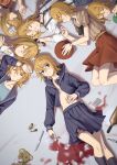  6+girls ahoge black_necktie blonde_hair blue_eyes blue_shirt bra bracelet breasts brown_shirt closed_eyes closed_mouth collarbone collared_shirt dress_shirt flower grey_sailor_collar grey_shirt grey_skirt hair_flower hair_ornament hairband hairclip highres holding holding_eyewear jewelry kagamine_rin knife long_sleeves looking_at_viewer lying midriff miniskirt multiple_girls navel necktie on_back on_side open_clothes open_shirt orange-tinted_eyewear orange_skirt pleated_skirt profile sailor_collar sailor_collar_lift sailor_shirt school_uniform serafuku shiny shiny_hair shirt short_hair skirt sleeping small_breasts smile stomach striped striped_shirt stuffed_animal stuffed_toy sunglasses suspenders teddy_bear tinted_eyewear underwear vertical-striped_shirt vertical_stripes vocaloid white_bra white_flower white_hairband wounds404 