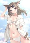  1girl :o animal_ears avatar_(ff14) bangs bikini bikini_under_clothes black-framed_eyewear blue_sky blush breasts cat_ears cleavage cloud cloudy_sky commentary_request commission day eyewear_on_head final_fantasy final_fantasy_xiv front-tie_bikini front-tie_top grey_eyes highres jacket long_hair looking_at_viewer medium_breasts miqo&#039;te mirai_(happy-floral) navel open_clothes open_jacket outdoors parted_bangs parted_lips short_sleeves signature skeb_commission sky solo sunglasses swimsuit white_bikini white_jacket 