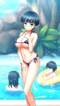  3girls bangs bare_arms bare_legs bikini blue_eyes blue_hair blurry blurry_background blush bob_cut breasts cleavage closed_mouth collarbone doukyuusei_2 doukyuusei_another_world game_cg innertube large_breasts looking_at_viewer multiple_girls navel poolside purple_bikini purple_ribbon ribbon shinohara_izumi shiny shiny_hair short_hair side-tie_bikini sideboob solo_focus sparkle standing swimsuit underboob 