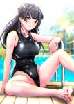  1girl barefoot black_hair black_swimsuit blue_sky breasts brown_eyes cloud competition_swimsuit day idolmaster idolmaster_shiny_colors large_breasts long_hair mayuzumi_fuyuko one-piece_swimsuit outdoors pool_ladder shohei_(piranha5hk) sitting sky solo swimsuit two_side_up 