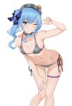  1girl ;) arm_up bangs beret bikini blue_choker blue_eyes blue_hair blue_nails blue_ribbon blush breasts choker feet_out_of_frame grey_bikini grey_headwear grin hair_ribbon halterneck hand_on_own_thigh hat highres hololive hoshimachi_suisei leaning_forward long_hair looking_at_viewer nail_polish navel one_eye_closed ribbon side_ponytail sidelocks simple_background small_breasts smile solo standing star_(symbol) star_in_eye stomach string_bikini swimsuit symbol_in_eye terry_(pixiv3274443) thigh_strap v virtual_youtuber white_background 