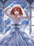  1girl blue_eyes breasts bridal_veil bride brown_hair cleavage commentary dress flower hair_flower hair_ornament hairclip looking_at_viewer lyrical_nanoha mahou_shoujo_lyrical_nanoha_strikers open_mouth petals short_hair solo sougetsu_izuki veil wedding_dress white_dress x_hair_ornament yagami_hayate 