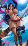  1girl armlet armpits arms_up ass_visible_through_thighs bangs bare_shoulders beach bikini black_gloves blue_sky blurry blurry_background blush breasts choker cleavage elbow_gloves eyepatch_bikini fate/grand_order fate_(series) fingerless_gloves gloves highres katana large_breasts long_hair looking_at_viewer minamoto_no_raikou_(fate) minamoto_no_raikou_(swimsuit_lancer)_(fate) navel parted_bangs parted_lips purple_bikini purple_eyes purple_hair rope sash shore sky solo swimsuit sword thighs underboob very_long_hair weapon wulben 