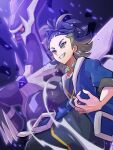  1boy adaman_(pokemon) blue_hair claws collarbone dialga dragon eyebrow_cut glowing green_eyes highres inana_umi jewelry male_focus multicolored_hair necklace pokemon pokemon_(creature) pokemon_(game) pokemon_legends:_arceus red_eyes smile standing teeth two-tone_hair 