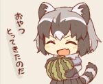  1girl :d animal_ears bangs blush chibi closed_eyes common_raccoon_(kemono_friends) fang food fruit gloves grey_hair holding holding_food holding_fruit kata_meguma kemono_friends medium_hair multicolored_hair open_mouth pleated_skirt raccoon_ears raccoon_girl raccoon_tail short_sleeves skin_fang skirt smile solo tail translation_request v-shaped_eyebrows watermelon white_hair 