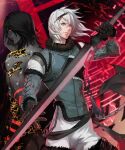  2boys back-to-back black_hair chain detached_sleeves fighting_stance fur-trimmed_sleeves fur_trim gloves grey_eyes hair_between_eyes hair_ornament halu-ca highres holding holding_sword holding_weapon looking_to_the_side male_focus medium_hair multiple_boys nier nier_(series) nier_(young) pants sword topless_male upper_body weapon white_hair white_pants yellow_eyes 