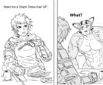  1boy 1other absurdres bb_(baalbuddy) breaking_bad cup english_text fork gauntlets gran_(granblue_fantasy) granblue_fantasy greyscale highres holding holding_fork meme monochrome muscular parody simple_background sitting vyrn_(granblue_fantasy) white_background 
