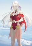  1girl bare_legs breasts casual_one-piece_swimsuit cleavage closed_mouth collarbone covered_navel day e5nf8v edelgard_von_hresvelg fire_emblem fire_emblem:_three_houses fire_emblem_heroes floating_hair flower hair_flower hair_intakes hair_ornament hair_ribbon highleg highleg_swimsuit highres jewelry long_hair looking_at_viewer medium_breasts necklace ocean official_alternate_costume one-piece_swimsuit outdoors purple_eyes purple_ribbon red_swimsuit ribbon solo standing star_(symbol) star_necklace sweatdrop swimsuit very_long_hair white_flower white_hair 