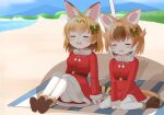  2girls animal_ear_fluff animal_ears beach between_legs blonde_hair blush boots bow brown_footwear brown_hair closed_eyes day dhole_(kemono_friends) dress fur-trimmed_boots fur-trimmed_dress fur-trimmed_sleeves fur_trim hair_bow hand_between_legs highres kemono_friends knees_up long_sleeves multicolored_hair multiple_girls open_mouth outdoors pantyhose red_dress sand santa_costume serval_(kemono_friends) shin01571 sitting striped striped_bow summer sweat tail two-tone_hair wariza water wavy_mouth white_legwear 