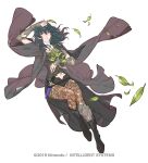  1girl arm_guards arm_up armor armored_dress black_coat black_dress black_footwear black_shorts blue_eyes blue_hair boots breasts brown_legwear byleth_(fire_emblem) byleth_(fire_emblem)_(female) clothing_cutout coat coat_on_shoulders commentary dagger dress fire_emblem fire_emblem:_three_houses full_body hair_between_eyes holding holding_leaf knee_boots knife leaf leg_armor legwear_under_shorts light_smile looking_at_viewer medium_breasts medium_hair micro_shorts midriff navel navel_cutout official_art pantyhose parted_lips scabbard sheath sheathed short_shorts shorts simple_background smile solo suzuki_rika watermark weapon white_background wind 