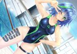  1girl black_swimsuit blue_hair bodypaint breasts commentary_request contrapposto covered_navel cowboy_shot dutch_angle glasses green_eyes green_hair hand_on_hip highres indoors medium_breasts multicolored_hair original pool pool_ladder satou_terumasa short_hair solo streaked_hair swimsuit v_over_eye window 