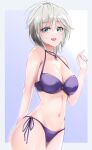  1girl :d absurdres anastasia_(idolmaster) arm_behind_back bangs bare_arms bikini blue_eyes blue_gemstone border breasts cameltoe cleavage collarbone cowboy_shot gem grey_background grey_border grey_hair groin hair_between_eyes highres idolmaster idolmaster_cinderella_girls large_breasts long_hair looking_at_viewer navel open_mouth outside_border purple_bikini sano_sho shiny shiny_hair side-tie_bikini smile solo standing straight_hair swimsuit 