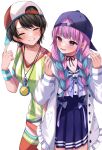  2girls backwards_hat bangs baseball_cap black_hair blue_bow blue_bowtie blue_hair blue_ribbon blue_sailor_collar blue_skirt blush bow bowtie braid choker closed_eyes grin hair_over_shoulder hat highres hololive jacket long_sleeves minato_aqua moonbell multicolored_hair multiple_girls oozora_subaru open_clothes open_jacket pink_eyes pink_hair pleated_skirt red_legwear ribbon ribbon_choker sailor_collar shirt short_sleeves simple_background skirt smile stopwatch_around_neck striped striped_shirt thighhighs twin_braids twintails two-tone_hair vertical-striped_shirt vertical_stripes virtual_youtuber whistle whistle_around_neck white_background white_jacket wristband 