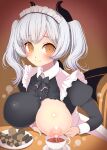 1girl alternate_costume blush breast_milk breasts chocolate cup demon_girl demon_horns enmaided highres horns huge_breasts lactating_into_cup lactation large_breasts maid one_breast_out original solo suzune_rai twintails white_hair yellow_eyes 