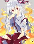  1girl bandaged_arm bandages bangs bow bruise bruise_on_face collared_shirt commentary covered_mouth covering_mouth feet_out_of_frame fire fujiwara_no_mokou hair_bow hand_over_own_mouth highres injury long_hair looking_at_viewer nikorashi-ka pants red_bow red_eyes red_pants shirt sitting solo suspenders suspenders_slip suspension torn_bow torn_clothes torn_pants torn_shirt torn_sleeves touhou two-tone_bow white_bow white_hair white_shirt 