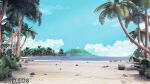  3d artist_name beach blender_(medium) blue_sky bush cloud commentary day english_commentary foxeleos grass highres no_humans original outdoors palm_tree photoshop_(medium) sand scenery seashell shell sky tree water watermark 