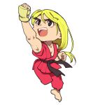  1boy barefoot belt blonde_hair brown_eyes chibi commentary_request dougi full_body hair_ribbon ken_masters long_hair low-tied_long_hair male_focus muscular muscular_male ribbon shouryuuken sleeveless smile solo street_fighter street_fighter_zero_(series) tanakalma uppercut 