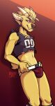  absurd_res anthro brown_eyes bulge cervid cervine clothing crop_top diasuke77 dj_strap fangs footwear fur hi_res horn jockstrap leaning leaning_back male mammal muntjac shirt socks solo text text_on_clothing text_on_topwear topwear underwear yellow_body yellow_fur 