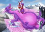  3_toes dragon feathered_wings feathers feet female feral fur furred_dragon group hyhlion lifting_other mountain outside purple_body red_body snow stardust toes white_body wings 