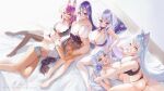  6+girls animal_ears ass azur_lane bakemonogatari bangs belfast_(azur_lane) bikini black_bikini black_hair black_legwear blue_bikini blue_eyes blush braid breasts cleavage curvy drooling fate/grand_order fate_(series) feet flower frills girl_on_top glasses hair_flower hair_ornament hanekawa_tsubasa highres holding_another&#039;s_wrist jahy jahy-sama_wa_kujikenai! large_breasts legs_together looking_at_viewer lying minamoto_no_raikou_(fate) monogatari_(series) ms_cloud multiple_girls nail_polish navel open_mouth pink_hair plump purple_eyes purple_hair saliva short_shorts shorts sitting sleeping sleepover spread_legs straddling swimsuit tamamo_(fate) tan thick_thighs thighhighs thighs white_bikini white_hair white_legwear wrestling yellow_eyes 