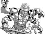  1boy abs arms_up artist_name biceps bodypaint collarbone commentary_request deviantart_username ear_piercing english_commentary evil-siren extra_arms extra_eyes facebook_username facepaint forehead greyscale grin happy holding holding_weapon jujutsu_kaisen looking_at_viewer male_focus mixed-language_commentary monochrome muscular muscular_male navel nipples partial_commentary pectorals piercing plug_(piercing) ryoumen_sukuna_(jujutsu_kaisen) short_hair signature simple_background sketch smile solo stomach teeth topless_male twitter_username watermark weapon web_address white_background 