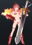  1girl absurdres aqua_eyes armor ass_visible_through_thighs black_background blonde_hair closed_mouth fake_horns fiery_hair fire flame gem glowing gradient gradient_background hair_between_eyes hand_on_hip headphones highres holding holding_sword holding_weapon horns huge_weapon kagetomo_midori lens_flare long_hair mechanical_horns multicolored_eyes multicolored_hair navel orange_eyes original pink_gemstone pink_hair pink_lips red_footwear skindentation smile solo standing sword thigh_strap vambraces weapon white_hair 