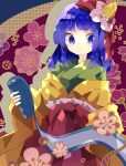  1girl commentary expressionless floral_background flower green_kimono hair_flower hair_ornament hair_ribbon hakama hieda_no_akyuu highres holding holding_scroll japanese_clothes kimono layered_clothes layered_kimono long_sleeves looking_at_viewer medium_hair nikorashi-ka purple_eyes purple_hair red_hakama red_ribbon ribbon scroll solo touhou upper_body wide_sleeves yellow_kimono 