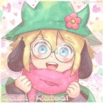  1boy alternate_costume animal_ears basil_(omori) blonde_hair blue_eyes blush deltarune flower glasses green_headwear hat highres male_focus omori open_mouth pink_flower pink_scarf ralsei round_eyewear sakuramochi0502 scarf sidelocks solo teeth thick_eyebrows 