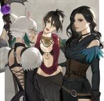  3girls animal_ears back_cutout bangs bead_necklace beads belt bikini bikini_top_only bikini_under_clothes black_bikini black_choker black_dress black_gloves black_hair black_scarf black_skirt brown_collar brown_corset cat_ears choker clothing_cutout collar commentary corset cowboy_shot crossover dragon_age dragon_age:_origins dress facial_mark feather_hair_ornament feathers final_fantasy final_fantasy_xiv fur-trimmed_dress fur_trim gloves grey_background hair_between_eyes hair_ornament hand_on_hip head_tilt highres holding holding_staff jewelry long_hair looking_at_viewer midriff miqo&#039;te mole mole_above_mouth mole_under_mouth morrigan_(dragon_age) multiple_girls neck_tattoo necklace parted_lips pleasebemine00 purple_eyes red_lips scarf short_hair short_ponytail shoulder_cutout side_slit skirt staff standing swimsuit tattoo the_witcher_(series) trait_connection wavy_hair white_eyes white_hair y&#039;shtola_rhul yellow_eyes yennefer_of_vengerberg 