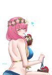 1girl absurdres back bare_back bare_shoulders bikini blonde_hair blue_bikini blue_swimsuit blush breasts closed_eyes coconut drink drinking drinking_straw english_commentary fire_emblem fire_emblem_heroes flower fruit_cup gunnthra_(fire_emblem) hair_flower hair_ornament head_wreath heart highres large_breasts looking_at_viewer looking_back multicolored_hair official_alternate_costume pink_hair ritence shoulder_blades simple_background smile solo swimsuit twitter_username white_background 