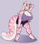  anthro belt big_breasts bottomwear breasts choker clothed clothing costume digital_media_(artwork) felid female fluffy fluffy_tail hi_res huge_breasts humanoid jewelry mammal marshbreeze marzipan_(spottedtigress) necklace pantherine shirt shorts smile solo tank_top tiger topwear 