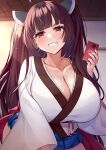  1girl absurdres blue_skirt blush breasts brown_hair cellphone cleavage collarbone grin highres holding holding_phone huge_breasts lips long_hair parted_lips phone pink_nails red_eyes skirt smartphone smile solo teeth tenneko_yuuri touhoku_kiritan twintails voiceroid 
