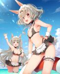  2girls :d animal_ears apron arm_up armpits ass bangs bikini black_bikini black_bow black_choker blue_eyes blue_sky blunt_bangs bow bow_bikini breasts bridal_garter choker cleavage cloud collarbone cowboy_shot day extra_ears grey_hair hair_between_eyes hair_bow hand_on_hip hand_up highleg highleg_bikini highres leaning_forward lens_flare long_hair looking_at_viewer maid maid_apron maid_bikini maid_headdress medium_breasts medium_hair multiple_girls navel ocean original outdoors rabbit_ears rabbit_girl rabbit_tail red_eyes red_innertube sakura_(superbunnys) sidelocks sky small_breasts smile standing striped_innertube swimsuit tail teeth thigh_gap thighs two_side_up upper_teeth very_long_hair wading water waving white_innertube wrist_cuffs 