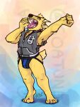  anthro barefoot cervid cervine clothing dj_strap fangs feet goatuna hi_res horn jacket jockstrap letterman_jacket male mammal muntjac open_mouth sleeveless_jacket solo stretching topwear underwear watermark yawn 