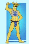  anthro barefoot brown_eyes bulge cervid cervine clothing crop_top dj_strap fangs fcsimba feet fur hi_res horn jockstrap male mammal midriff muntjac shirt solo text text_on_clothing text_on_topwear topwear underwear yellow_body yellow_fur 