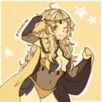  1girl ahoge arms_up bangs blonde_hair breasts cape cape_hold circlet closed_mouth colorfag fire_emblem fire_emblem_fates grey_eyes hip_armor leather leitz_acaroline long_hair looking_at_viewer medium_breasts navel one_eye_closed ophelia_(fire_emblem) parted_bangs sketch solo upper_body yellow_background 