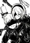  1boy 1girl blindfold breasts cleavage cleavage_cutout closed_mouth clothing_cutout feather_trim gloves grey_background greyscale hairband hatching_(texture) highres hug hug_from_behind mole mole_under_mouth monochrome nier_(series) nier_automata open_mouth pod_(nier_automata) puffy_sleeves robot sakon04 short_hair simple_background smile sword upper_body weapon weapon_on_back yorha_no._2_type_b yorha_no._9_type_s 