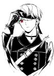  1boy absurdres blindfold choker dated gloves greyscale highres male_focus monochrome nier_(series) nier_automata one_eye_closed red_eyes sakon04 signature simple_background solo spot_color upper_body white_background yorha_no._9_type_s 