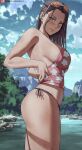  1girl ass bare_shoulders bead_necklace beads bikini black_bikini black_hair blue_eyes blue_sky blurry blurry_background blush breasts closed_mouth cloud commentary day earrings eyewear_on_head from_side highres hoop_earrings jewelry large_breasts looking_at_viewer mountain necklace nico_robin one_piece orange-tinted_eyewear outdoors patreon_logo patreon_username shexyo side-tie_bikini sky solo standing sunglasses swimsuit thick_thighs thighs tinted_eyewear tree water web_address 