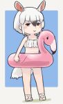  anteater_ears anteater_tail bare_arms bare_legs bare_shoulders bikini black_hair blush brown_eyes extra_ears frilled_bikini frills full_body hair_between_eyes highres innertube kemono_friends looking_at_viewer midriff multicolored_hair navel sandals short_hair sleeveless southern_tamandua_(kemono_friends) spaghetti_strap swimsuit toriny two-tone_hair white_bikini white_footwear white_hair 