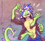  after_transformation anthro bottomwear carnival_(artist) clothed clothing crocodile crocodilian crocodylid felid implied_transformation looking_at_self male mammal multi_arm multi_limb pantherine pants reptile scalie solo topless 