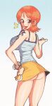  1girl :d ass blush bracelet breasts brown_eyes cleavage earrings from_behind hand_on_hip highres inkerton-kun jewelry large_breasts looking_at_viewer nami_(one_piece) no_panties one_piece open_mouth orange_hair short_hair smile solo tattoo 